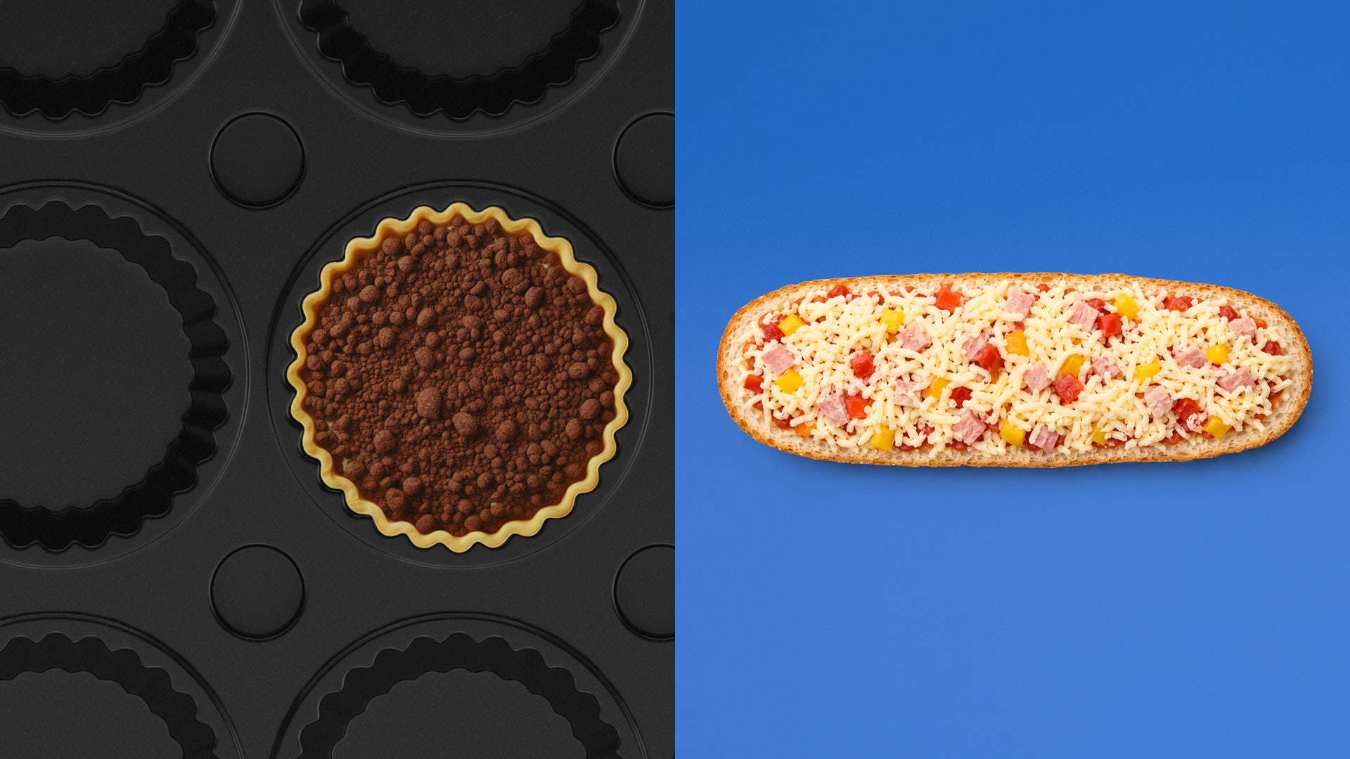 Mini-Tarte mit Streuseln in Silikonform und Pizzabaguette mit Käse, bestreut mit der MSS 600 omniTOP
